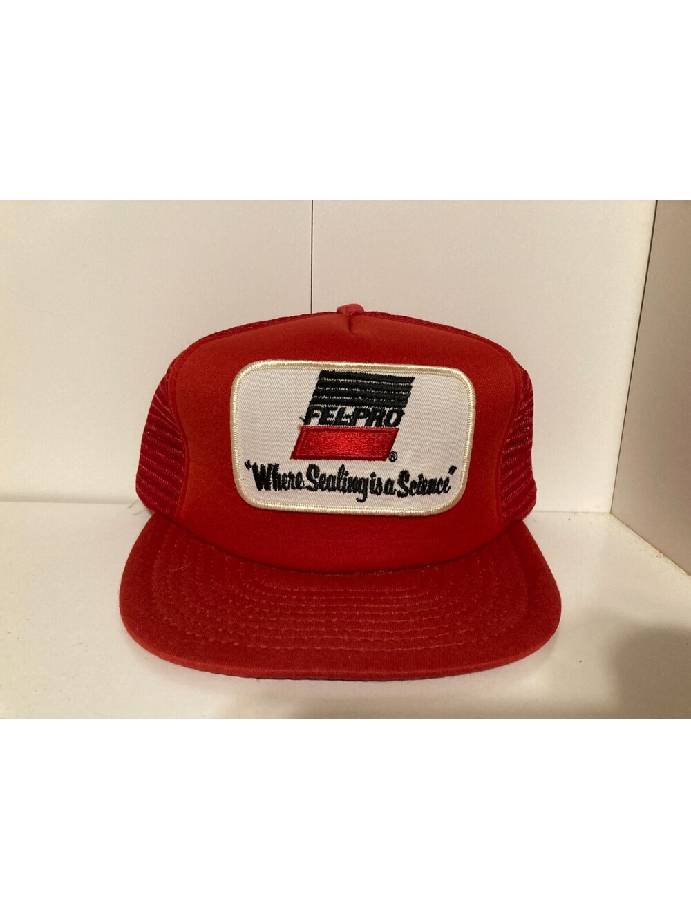 Vtg Fel-Pro Patch Mesh Snapback Trucker Style Hat Cap red foam  San Sun Nice